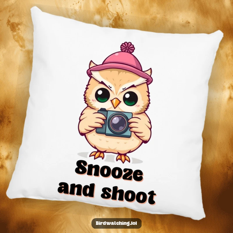 Funny Pillow: A silly owl wearing a tiny hat, holding a camera, providing comfort and humor.