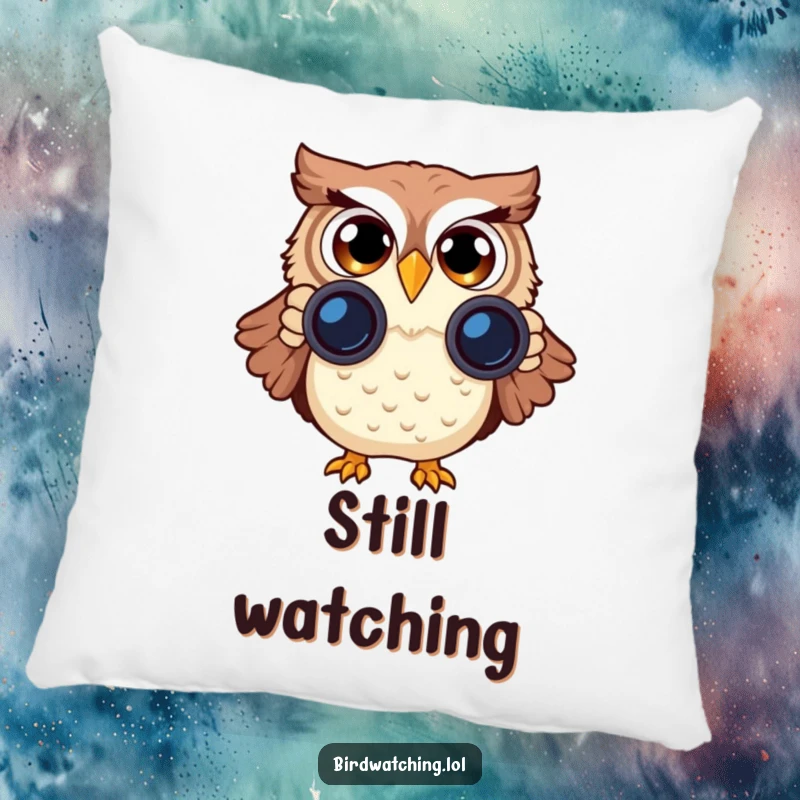 Funny Surprised Owl Pillow: A soft and humorous cushion depicting an owl with binoculars, conveying comical shock and wonder.