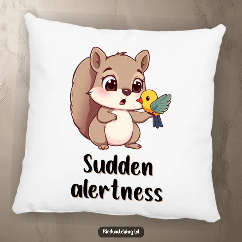 Funny pillow featuring a surprised squirrel with wide eyes spotting a colorful bird, offering soft comfort and a touch of whimsical humor.