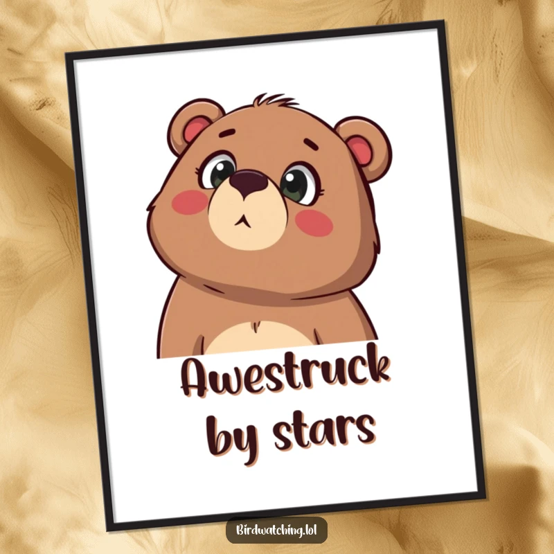 Funny digital art print of a determined bear looking upwards in wonder, mouth agape, capturing pure awe, instant downloadable art.