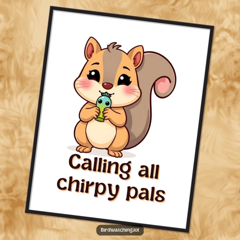 Funny Squirrel Digital Art: Cheerful squirrel character holding a miniature bird whistle, great for instant home decor.