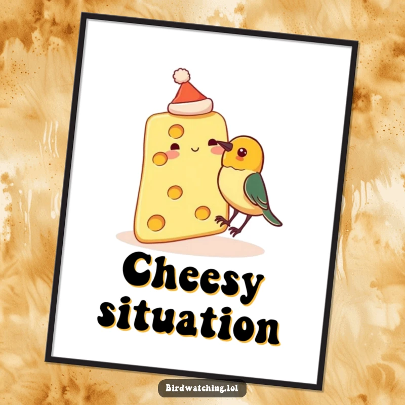 Funny digital art print of a slice of cheese wearing a tiny hat, about to be pecked by a curious bird, whimsical and humorous illustration.