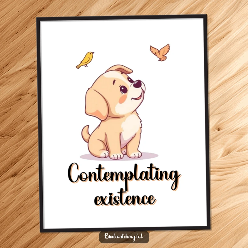 Funny digital art print of a playful puppy tilting its head with curiosity at a distant bird.