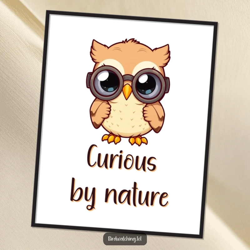 Funny curious owl digital art print with a happy owl peering through binoculars with wide, curious eyes, humorous and instant gift.