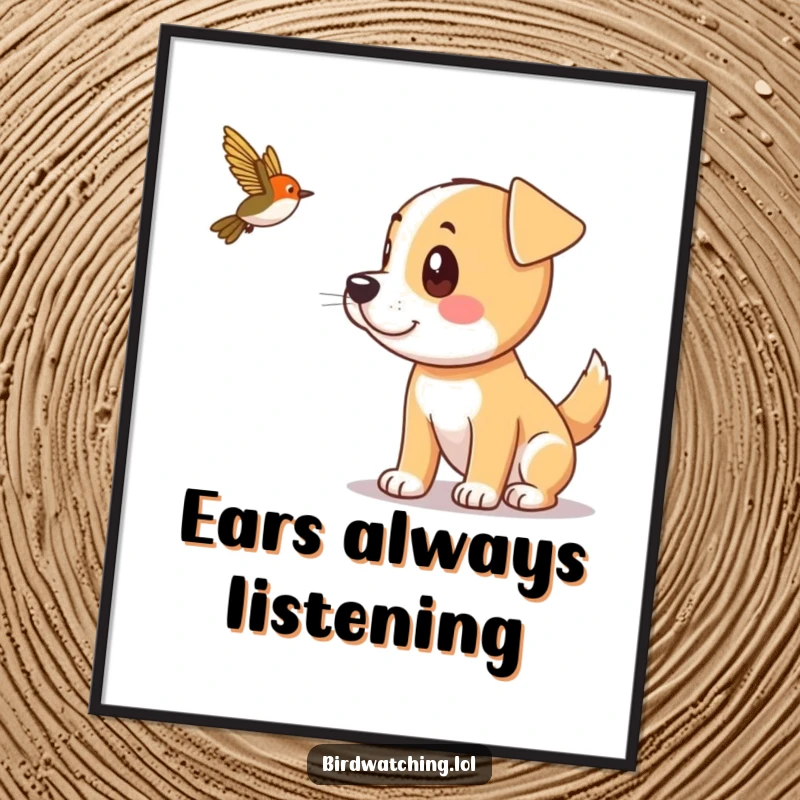 Funny dog with perked ears intently spotting a bird, vibrant and humorous digital art print.