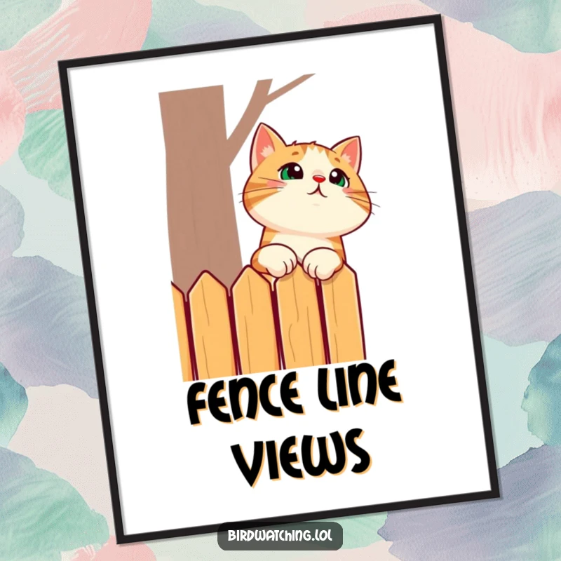 Funny digital art print of a surprised cat stretching its neck to see over a fence, perfect for adding whimsical humor to any room.