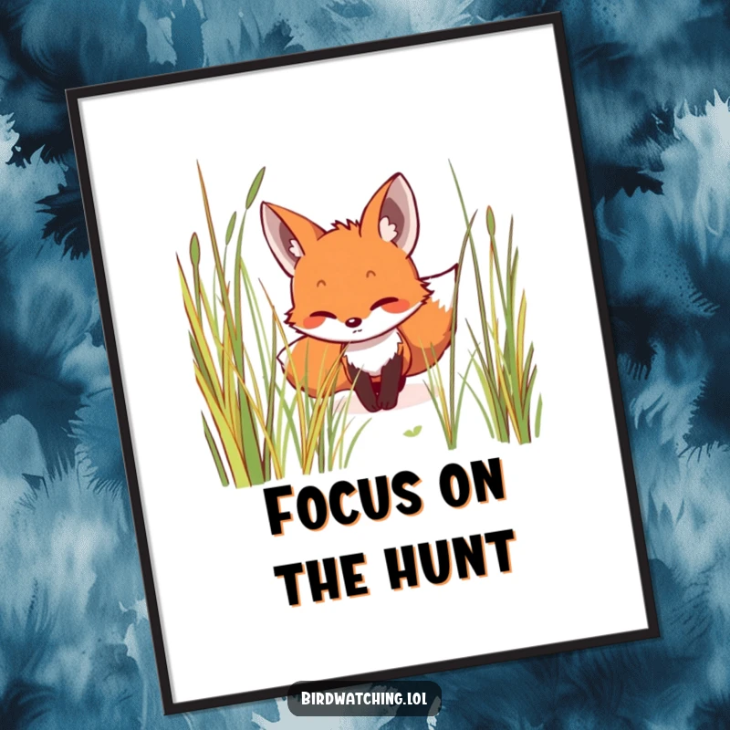 Funny digital art print of a smiling fox creeping stealthily through tall grass, conveying intense focus and playful humor, instant downloadable art.