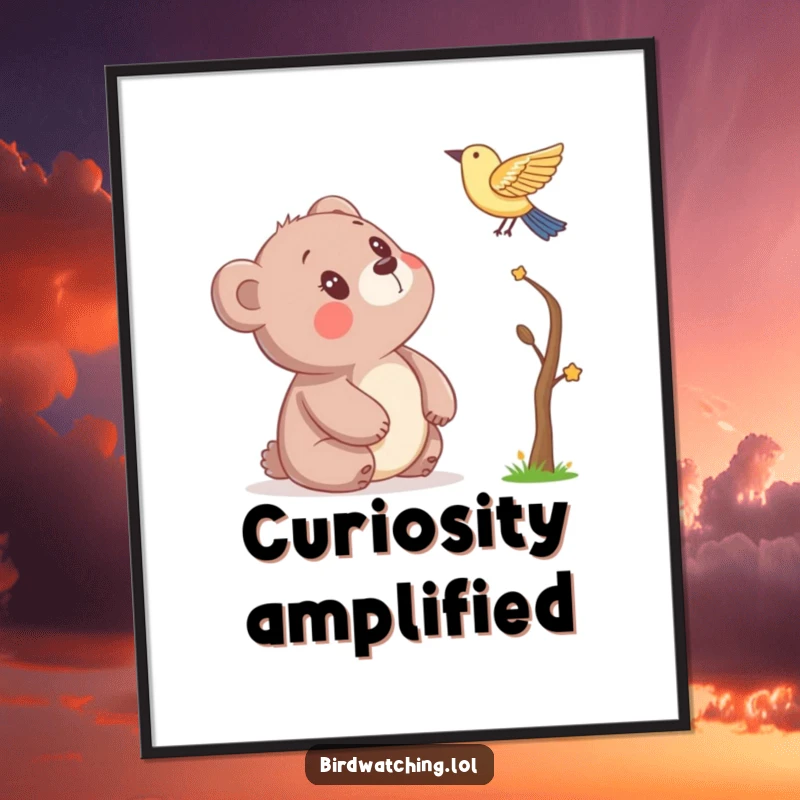 Funny digital art print of a bear looking up with intense wonder at a bird; a heartwarming and humorous illustration, ideal for printing as a gift.