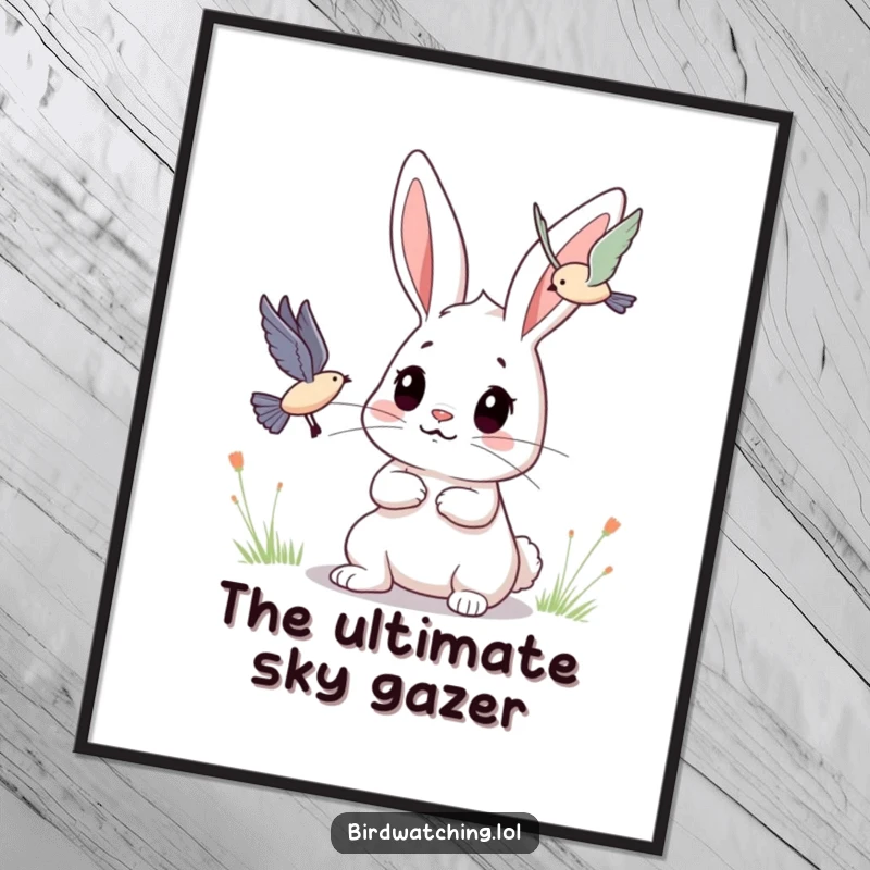 Funny Bunny Digital Art: Determined bunny character observing a flying creature, great for instant home decor.