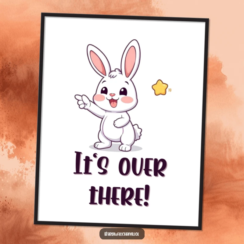 Funny digital art print of a cheerful bunny pointing excitedly at something unseen, radiating happiness and optimism, instant printable art.
