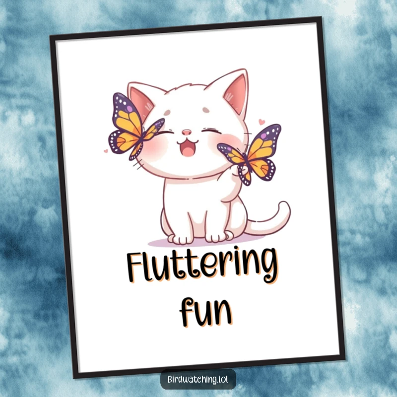 Funny digital art print of a giggling cat playfully chasing a colorful butterfly, radiating pure joy.