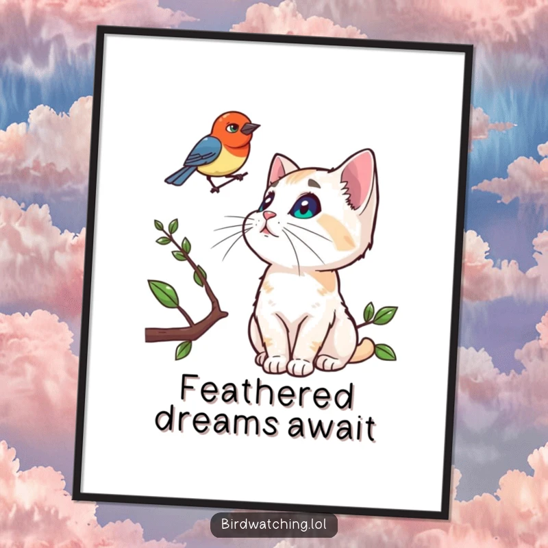 Funny digital art print of a curious cat intently watching a bird on a branch, ideal for printable decor.