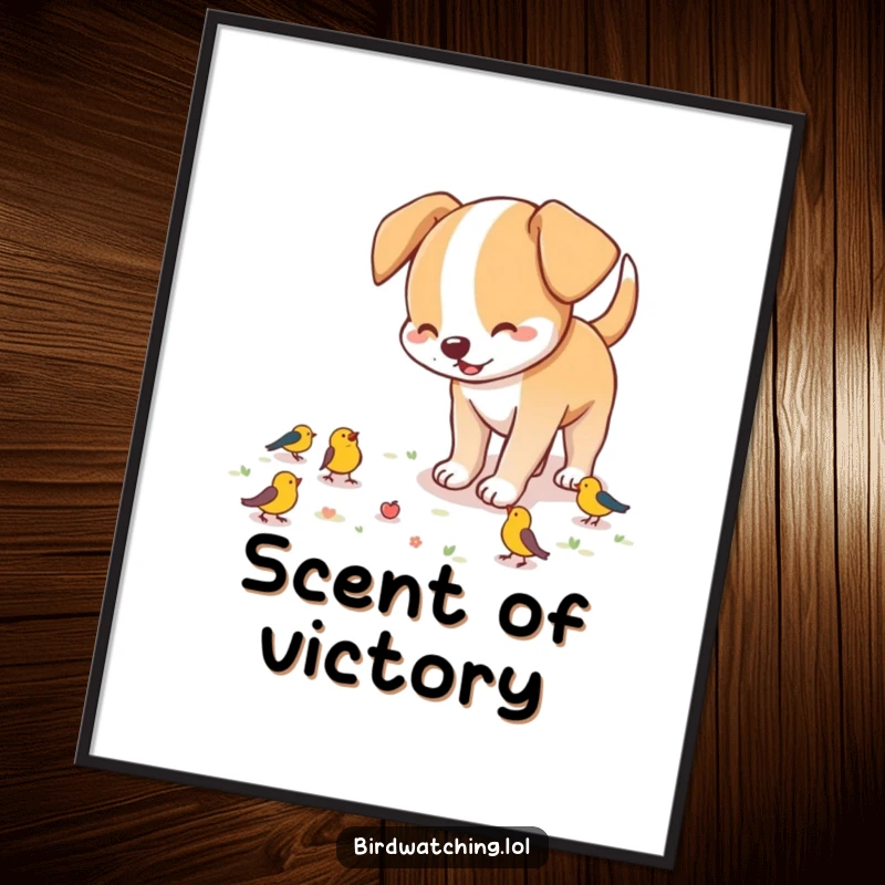 Funny dog bird hunter digital art print, a playful dog sniffing the ground excitedly, searching for birds with humorous enthusiasm.