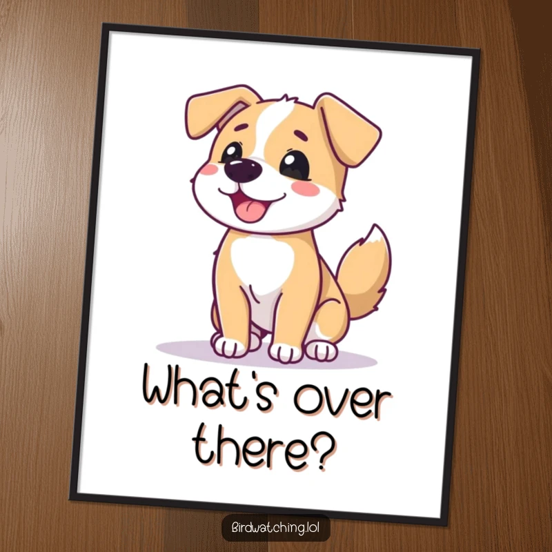 Funny dog horizon digital art print, beaming dog wagging tail, scanning, instant download, humorous decor gift.