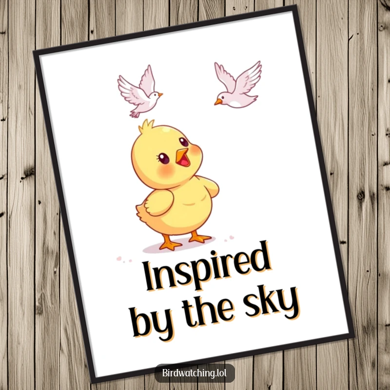 Funny duckling digital art print, delightedly watching a bird fly overhead. Instant download for decor.