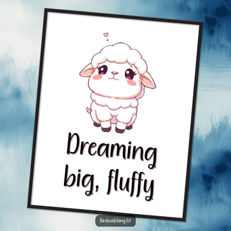 Funny fluffy sheep digital art print of a sheep gazing dreamily, embodying peaceful thoughts and lighthearted humor, a charming artwork.