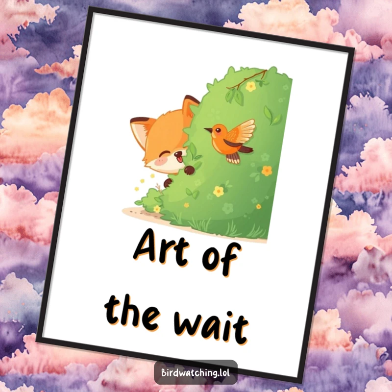 Funny Fox Digital Art Print: A joyful fox hiding behind a bush, watching a bird, ideal for instantly whimsical digital art.