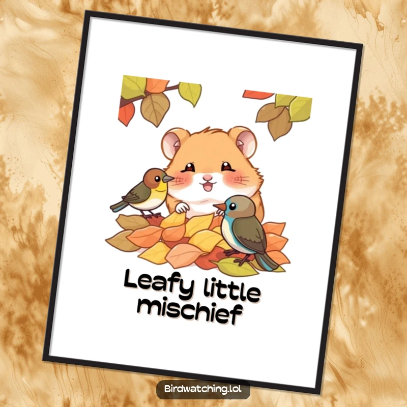 Funny digital art print of a giggling hamster peeking from behind autumn leaves at a bird, ideal for immediate download and display.