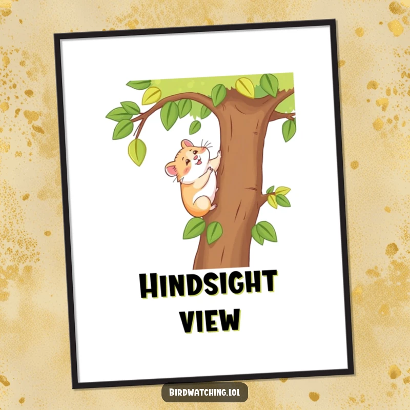 Funny happy hamster digital art print, a downloadable image of a cheerful hamster climbing a tree for a better view.