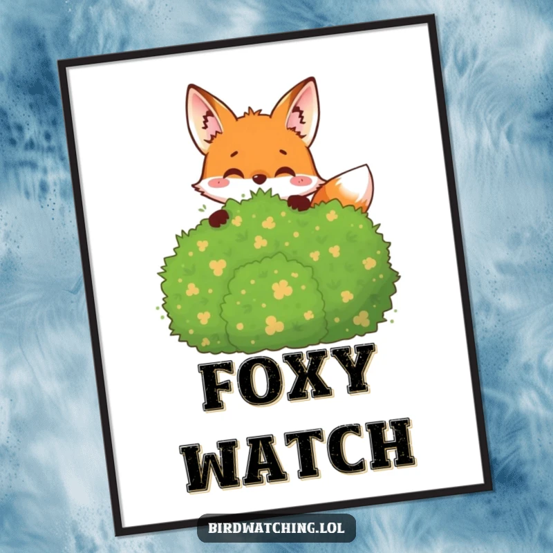 Funny Digital Art Print: A joyful fox peeking from behind a bush, observing with playful curiosity.