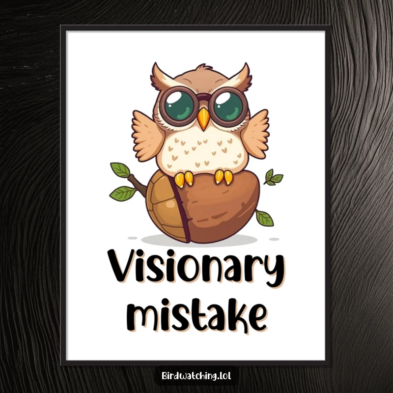 Funny digital art print of a plump owl with binoculars crashing into a giant acorn, a whimsical and humorous illustration for instant download.