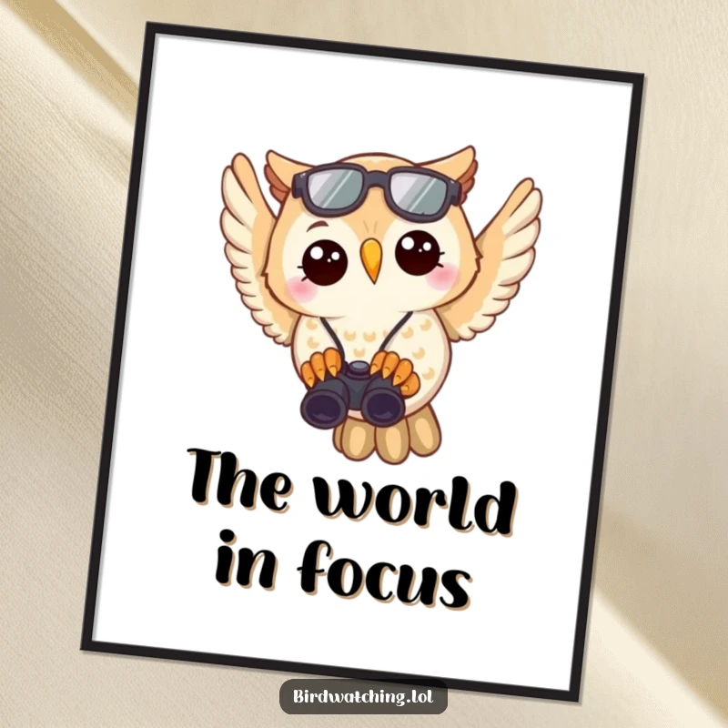 Funny Owl Birdwatcher Digital Art: Joyful owl flying with binoculars, perfect wall art for nature lovers.