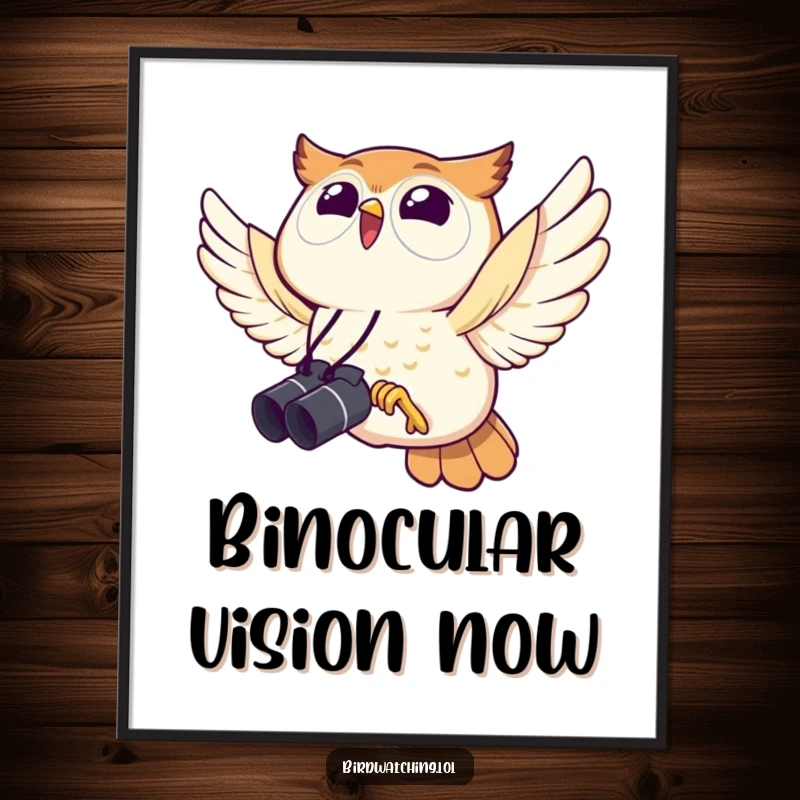 Funny owl digital art print, joyful flight with binoculars, capturing the fun spirit of bird watching digitally.