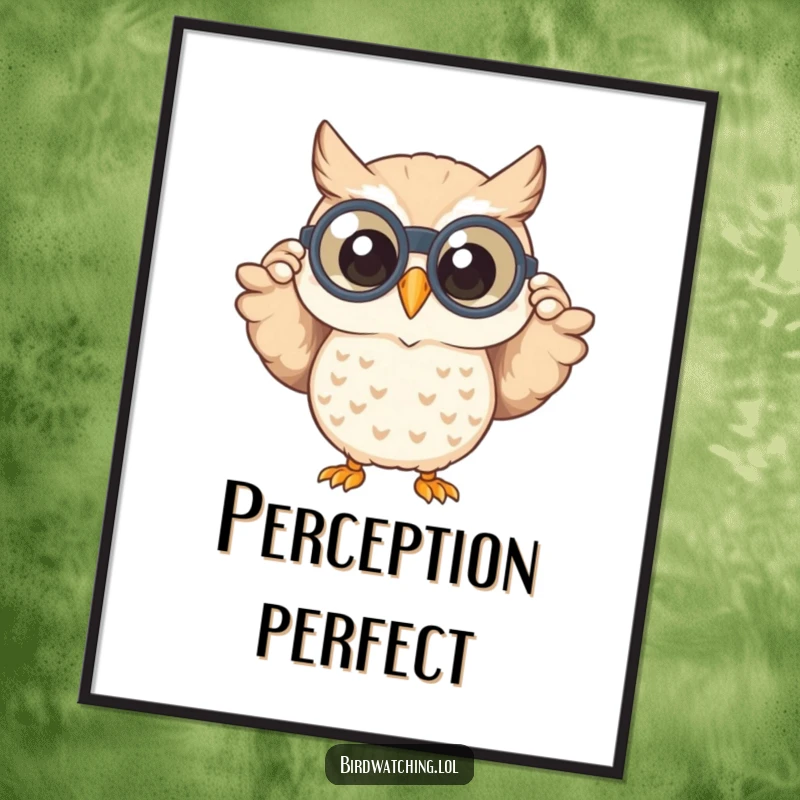 Funny digital art print of a happy owl peeking through binoculars with a wide smile, adding a touch of whimsical humor and joy to any decor.