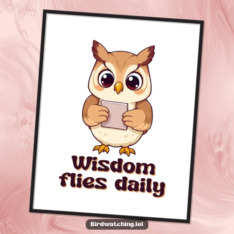 Funny proud owl digital art print of an owl holding a notepad, showcasing intelligence and humor, ideal for wall decor.