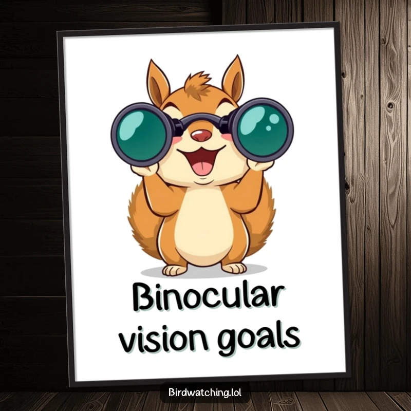 Funny grinning squirrel with binoculars, embarking on a digital wildlife adventure, vibrant art print.