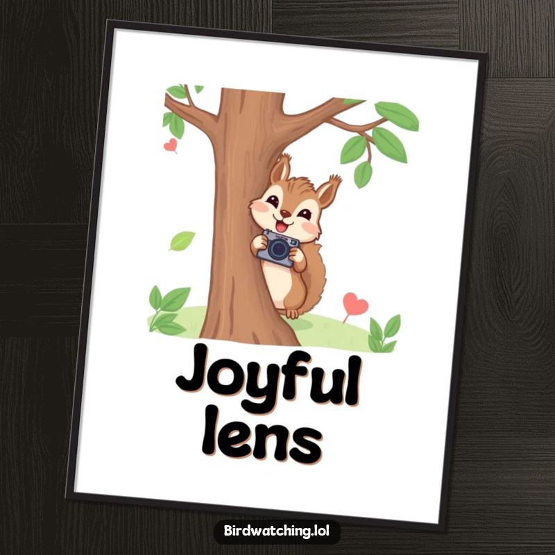Funny squirrel photographer digital art print with a joyful squirrel peeking from behind a tree holding a tiny camera, humorous and instant gift.