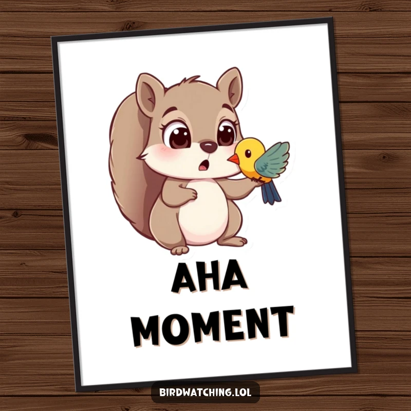 Funny digital art print of a surprised squirrel with wide eyes spotting a colorful bird, adding a touch of whimsical humor and wonder to any decor.