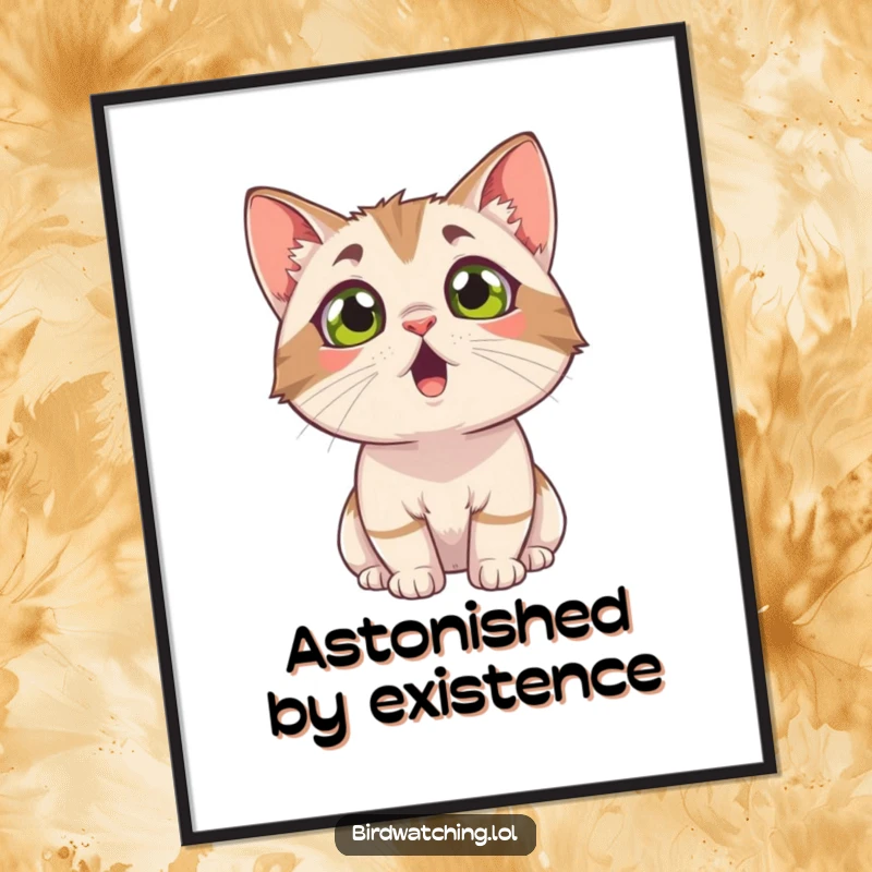 Funny surprised cat digital art print, eyes wide with astonishment, looking up. Instant download for decor.