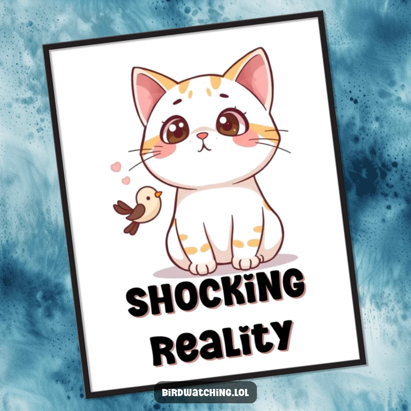 Funny surprised cat digital art print, a downloadable image of a cat gasping in shock at a tiny bird.