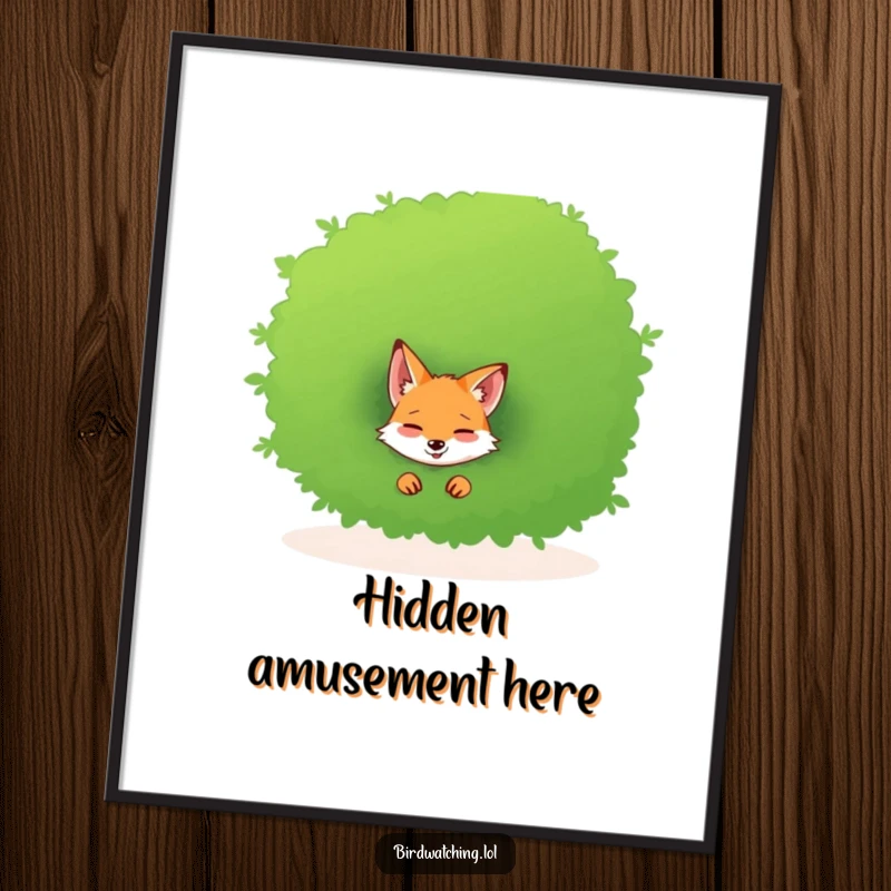 Funny digital art print of a giggling fox peeking mischievously from behind a large bush, full of mirth.