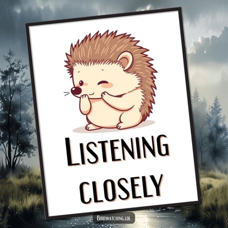 Funny curious hedgehog digital art print, paws to ear, listening intently, instant download, humorous decor gift.
