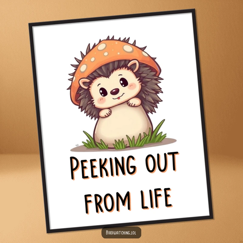 Funny Digital Art Print of a curious hedgehog peeking from behind a mushroom, offering instant woodland humor.