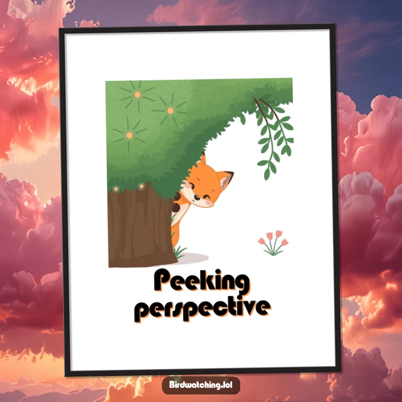 Funny curious fox digital art print, a downloadable image of a shy fox peeking out from behind a large bush.