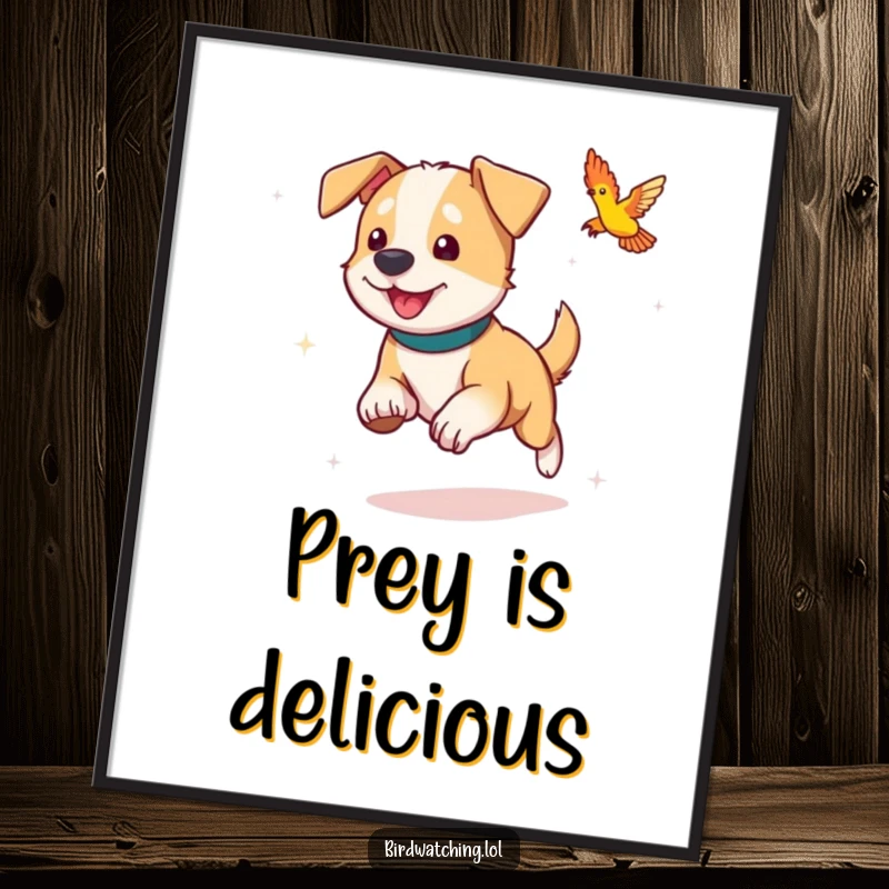 Funny dog digital art print, playfully chasing a colorful bird, capturing the joyful spirit of pets in art.