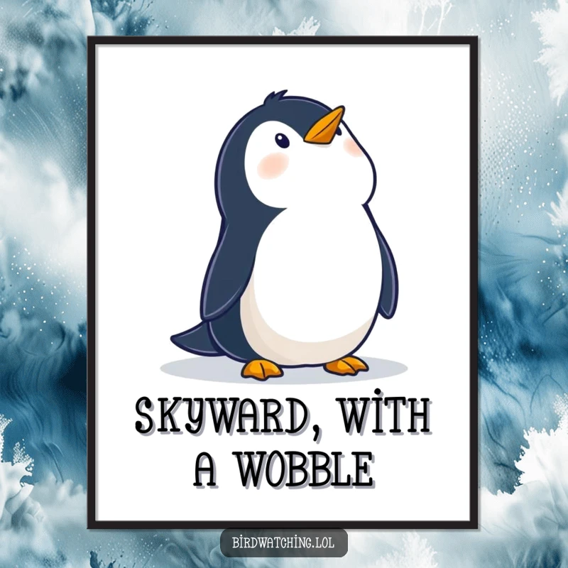 Funny digital art print of a wobbly penguin looking up at the sky with wonder, ideal for immediate download and display of charming art.