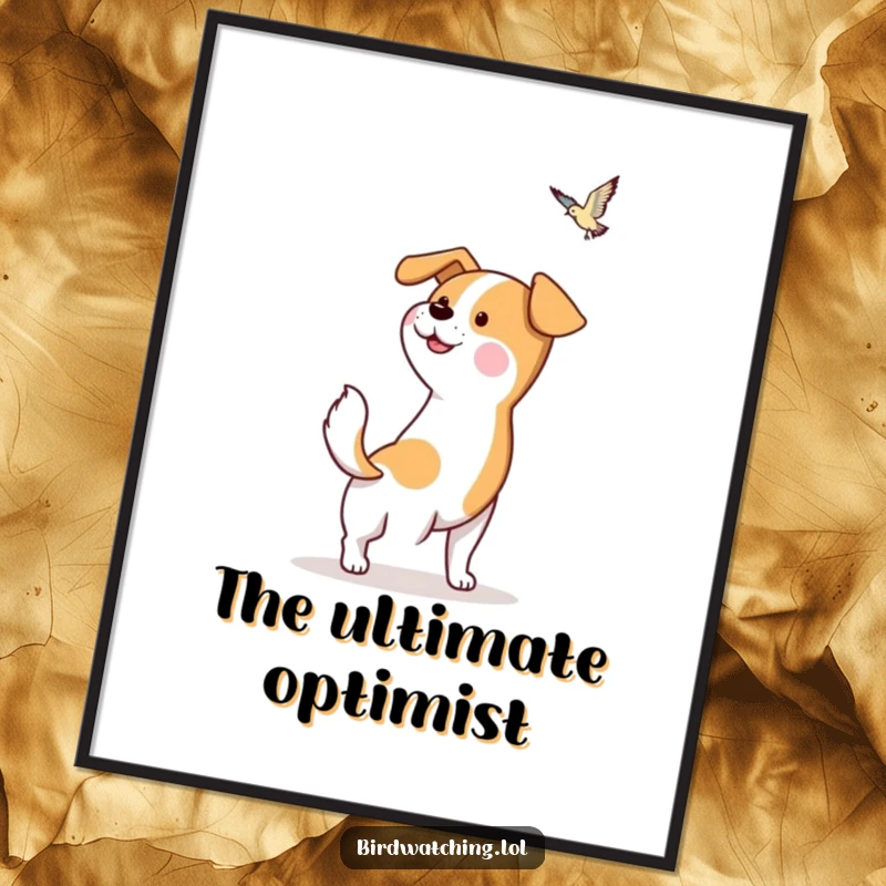 Funny Dog Digital Art: Hopeful dog character wagging its tail, spotting a bird, great for instant home decor.