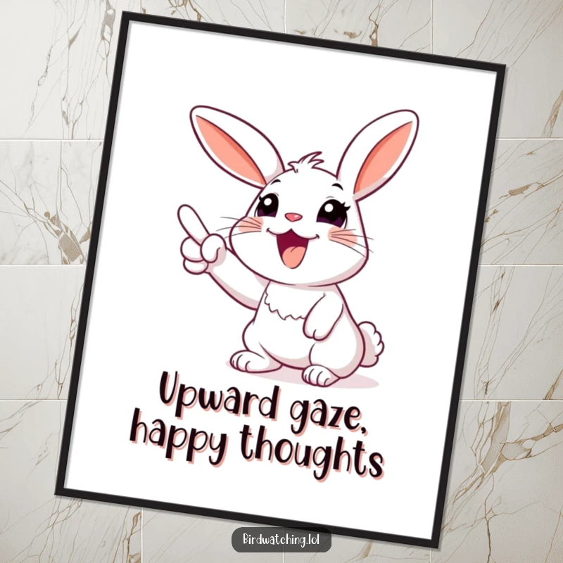 Funny rabbit digital art print, enthusiastically pointing towards the sky, conveying pure happiness. Instant download.