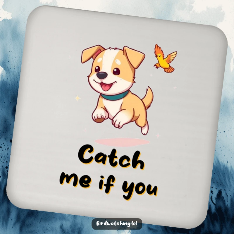 Funny dog drink coaster, energetically chasing a bird, protecting surfaces with a humorous pet-themed design.