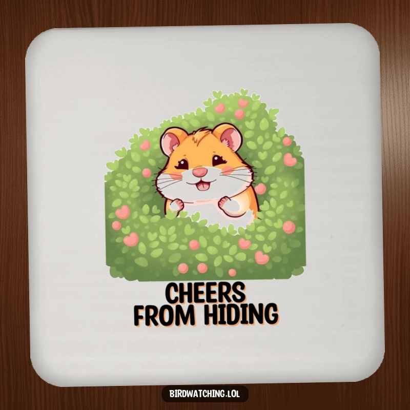 Funny giggling hamster coaster with a hamster hiding behind a bush, adding playful humor and surface protection, a cute accessory.