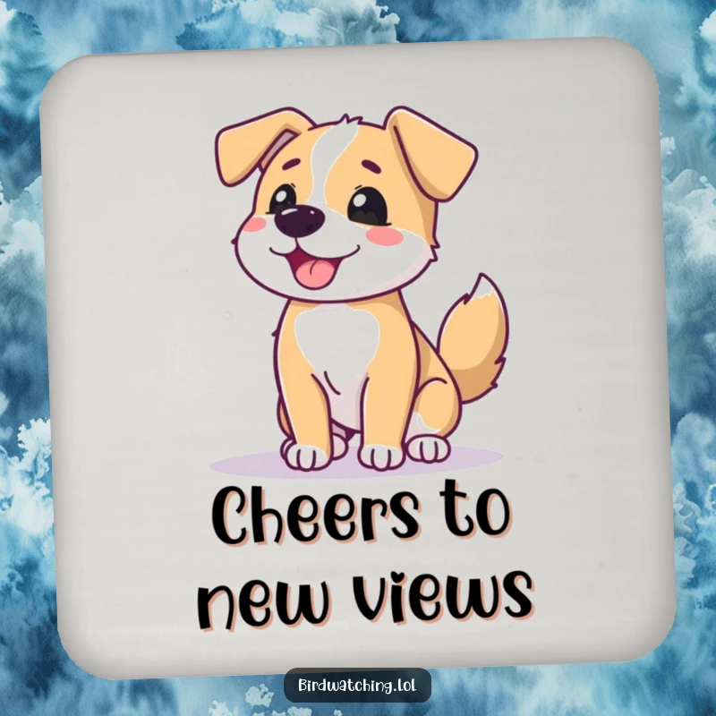 Funny dog horizon coaster set, beaming dog wagging tail, scanning, protecting surfaces, humorous home decor gift.