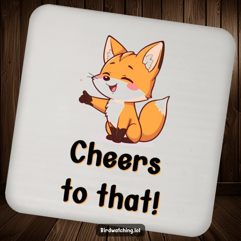 Funny Smiling Fox Coaster: A humorous coaster featuring a smiling fox pointing excitedly, protecting surfaces with fun.