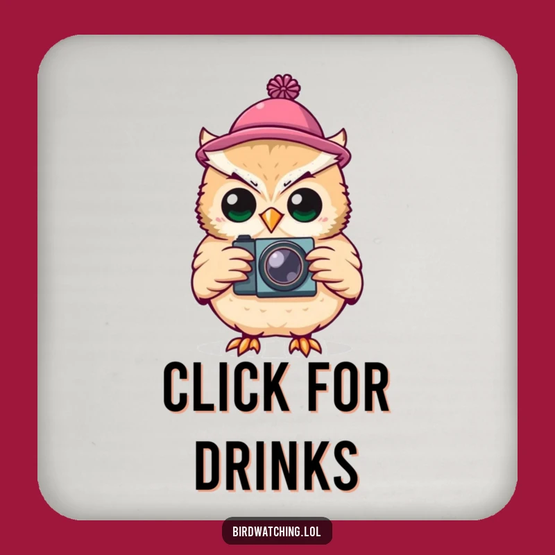 Funny Silly Owl Photographer Coaster: Tiny Hat Aim, Protects Surfaces Gift