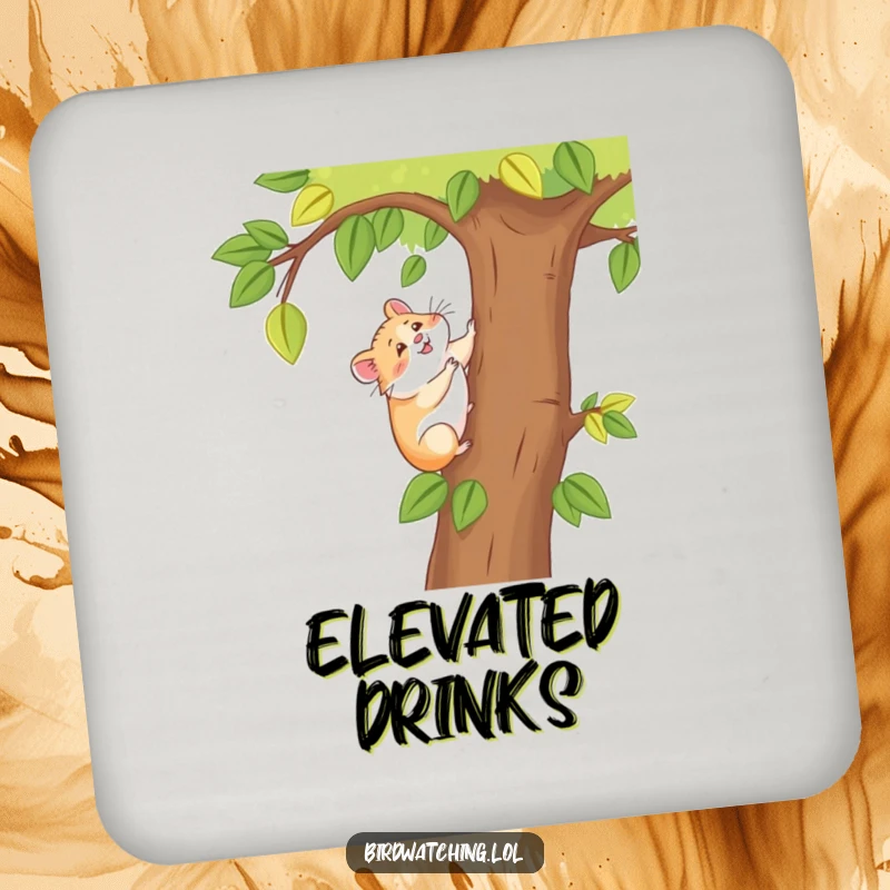 Funny happy hamster drink coasters, set of coasters featuring a cheerful hamster climbing a tree, perfect for tables.