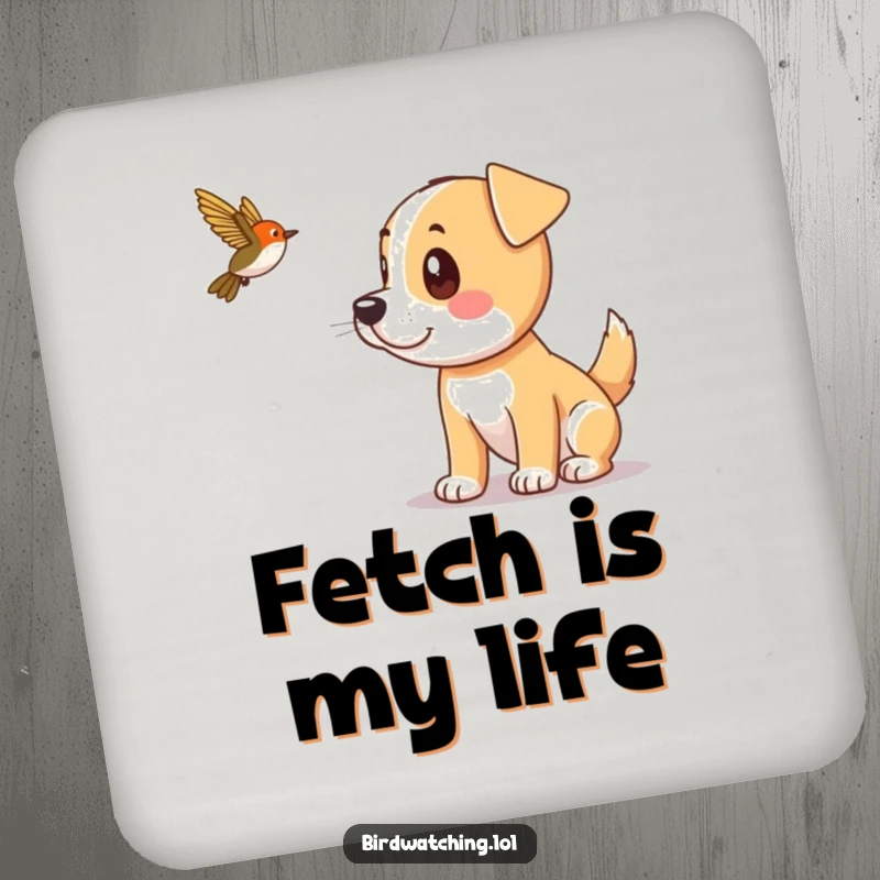 Funny playful dog spotting a bird with ears perked, charming and protective drink coaster.
