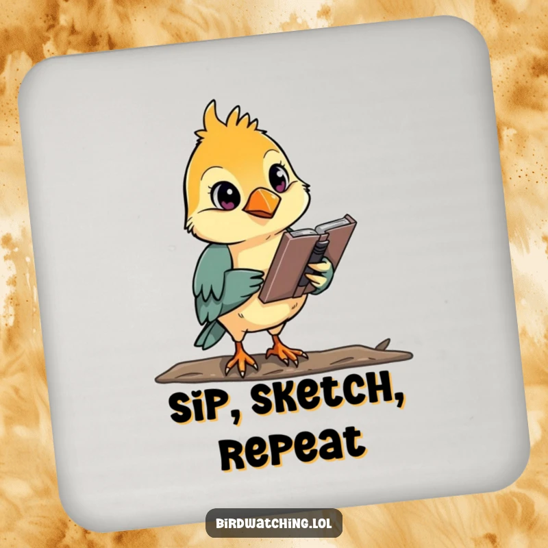 Funny, determined bird watcher sketching, protecting your drinks with artistic flair, humorous coaster.